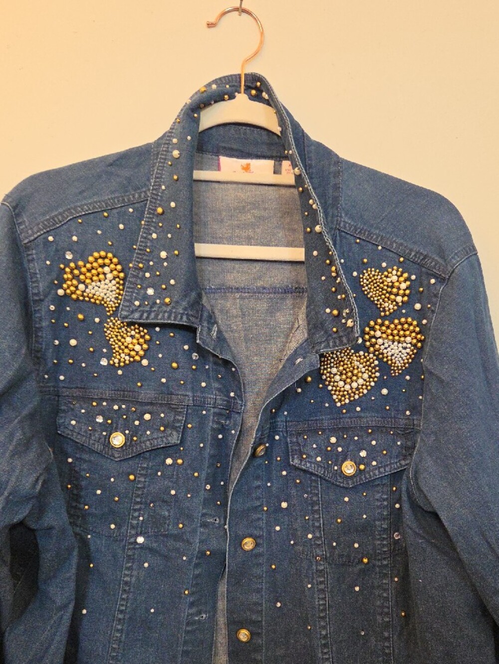 Denim Jacket/shirt with Gold Stud Heart Accents - Blue - Picture 2 of 7